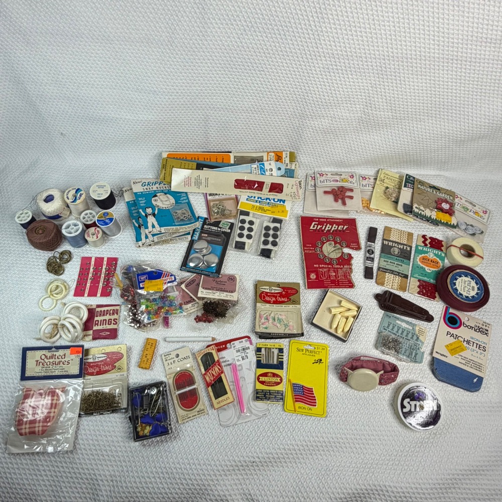 Vintage Sewing Notions Lot Wrights Rick Rack Talon Zippers Needles Buttons Bulk